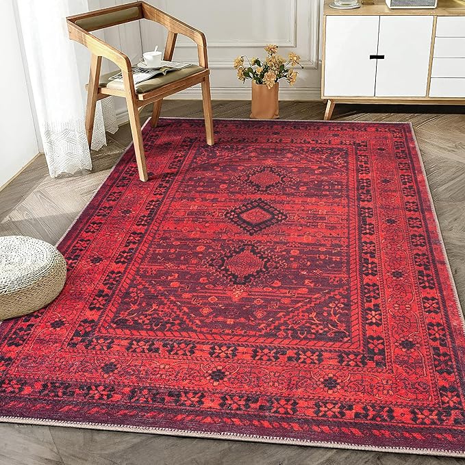 Bloom Rugs Washable Non-Slip 3' x 5' Rug - Red Traditional Bordered Area Rug for Living Room, Bedroom, Dining Room, and Kitchen - Exact Size: 3' x 5'