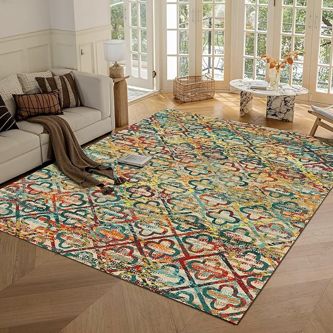 RUGSURE Washable Area Rugs, 6' x 9' - 1/6 Thick - Stain & Water Resistant Non-Slip - Perfect Resistant Rug for Living Room, Bedroom, Nursery, Pet & Child Friendly, Vibrant Colors Rugs, Multicolor