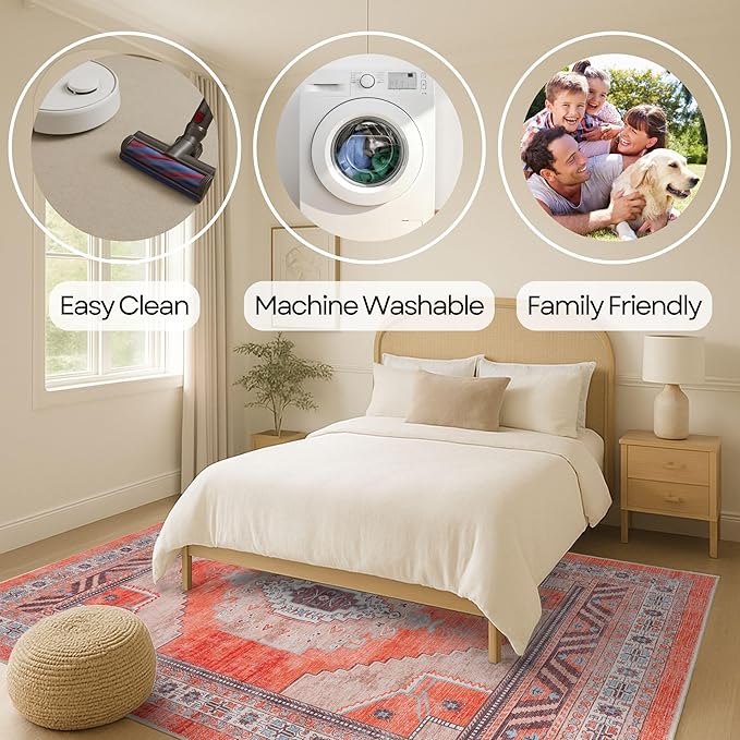 Fame Rugs Turkish Rug. Washable Vintage Oriental Antique Inspired Traditional Doormat Small Modern Area Rugs Luxury Entryway Entry Bedroom Bathroom Kitchen (380TT, 9' x 12')