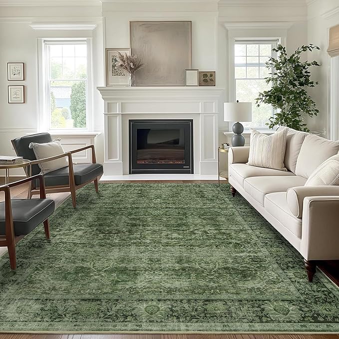 5x7 Green Washable Rug for Living Room Large Vintage Distressed Bedroom Rug Low Pile Non-Slip Soft Boho Carpets for Bedroom Dining Room Home Office Indoor Nursery