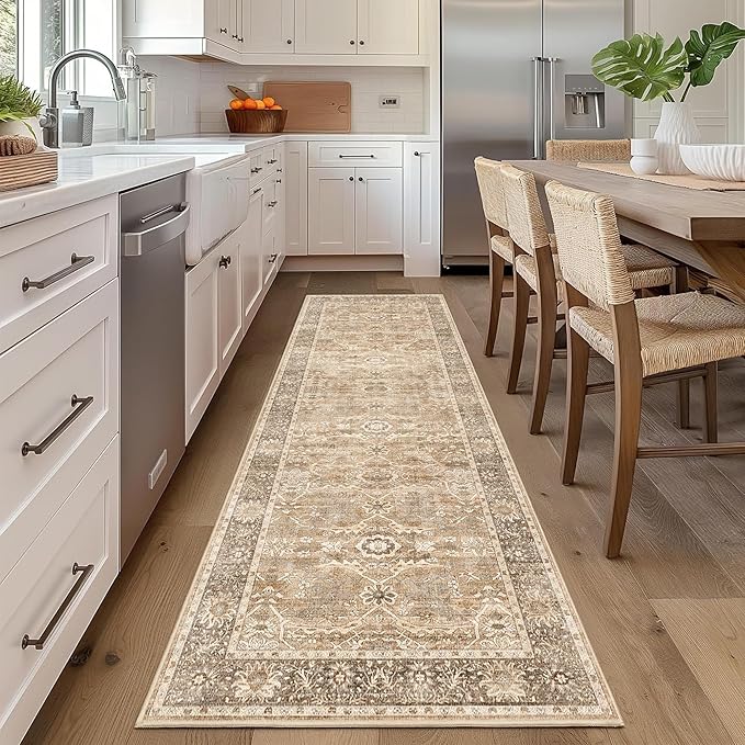 2x6 Beige Vintage Washable Runner Rugs for Hallway Kitchen Boho Hallway Rug Low Pile Non-Slip Retro Distressed Accent Throw Rug for Entryway Bathroom Bedroom Beige