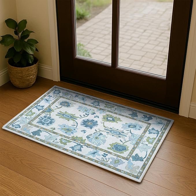 Fame Living Green Oushak Rug, Modern Small Rugs, Vintage, Turkish, Eclectic, Floral, Pastel, Washable, Door Mat, Doormat for Indoor Entrance, Entryway, Kitchen, Bathroom, Bedroom, Laundry, 2'x3'