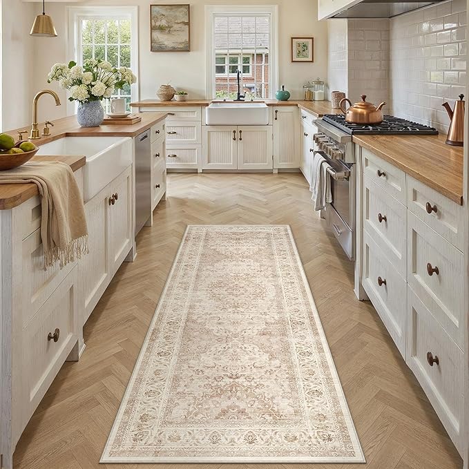 2x6 Beige Washable Vintage Area Rug for Living Room Bedroom Soft Tranditional Non Slip Runner Rug Lightweight Floral Low Pile Distressed Runner Entrance Laundry Room Hallway