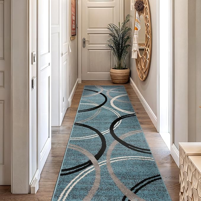 Rugshop Modern Wavy Circles Design Runner Rug, Fade-Resistant Carpet for Hallway, Mudroom, or Kitchen, Blue, 2' x 10'