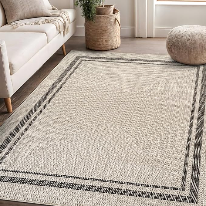 Beverly Rug Easy Jute Bordered Rug 4x6 Washable Durable Indoor Outdoor Area Rugs for Living Dining Room Patio Office Stain Resistant Non Shedding Casual Indoor Outside Carpet 4 x 6 Off-White