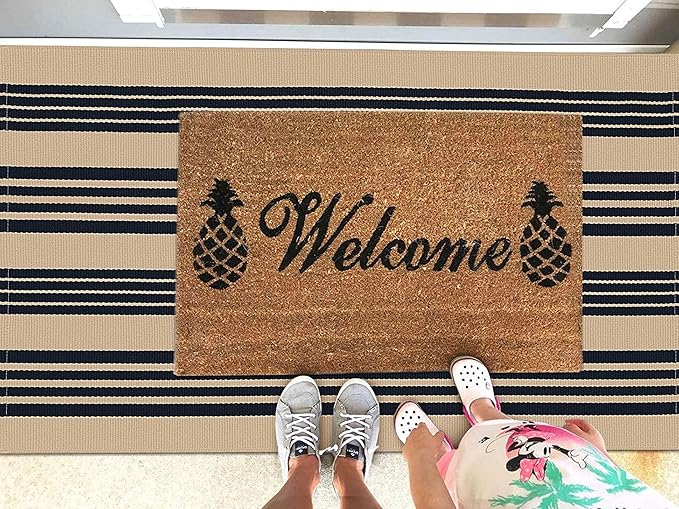 KOZYFLY Striped Front Door Mat 3x5 Ft Brown and Black Front Door Rug Cotton Washable Indoor Outdoor Rug Doormats Outdoor Striped Area Rugs for Kitchen Entryway Front Porch
