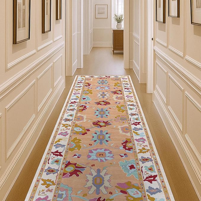 Fame Living Orange Oushak Rug, Modern Rugs, Vintage, Turkish, Eclectic, Floral, Pastel, Washable, Small Throw, Accent Area Rug for Living Room, Bedroom, Kitchen, Bathroom, 2'5"x4'9"