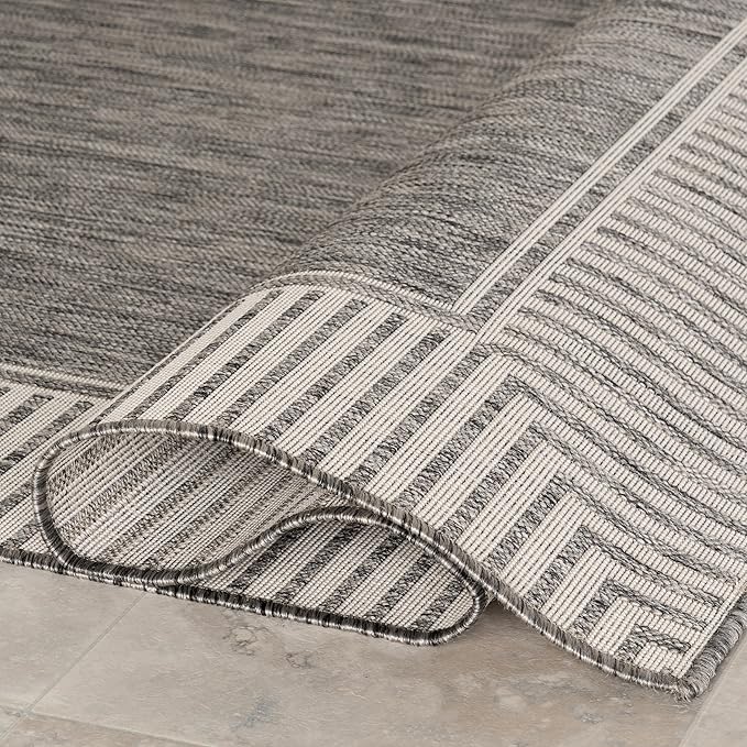 Nuloom Asha Grey/Ivory, 8' x 10', Casual, Striped Border, Soft and Cozy, High Traffic, Stain Resistant, Easy Clean, Durable Area Rug for Indoor/Outdoor Patio, Deck, Porch, Garden, Courtyard