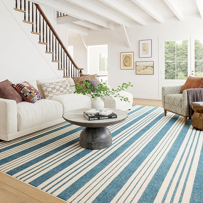 Dash & Albert Talos Blue Machine Washable Rug, 7.5 X 9.5 Feet, Blue/Ivory Stripe Pattern