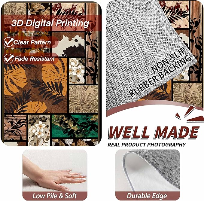 Floral Tropical Patchwork Area Rug 3x4ft, Vintage Black & Brown Country Carpet, Low Pile Non-Slip Mat for Cozy Bedroom, Dining Room, Farmhouse Decor