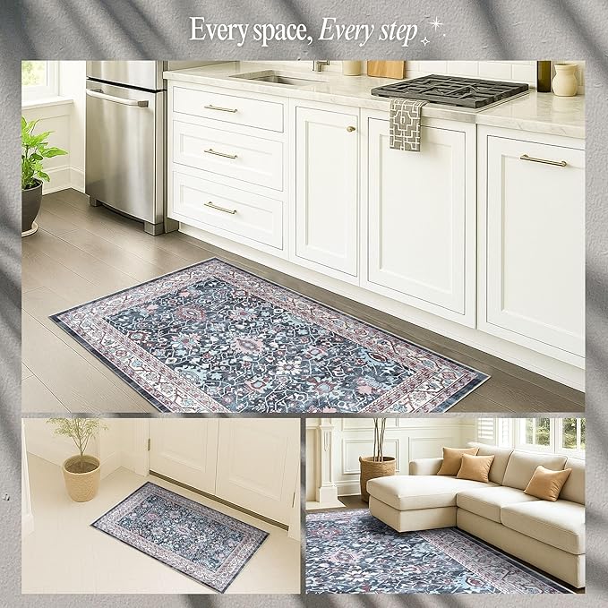Fame Rugs Turkish Rug. Washable Vintage Oriental Antique Inspired Traditional Doormat Small Modern Area Rugs Luxury Entryway Entry Bedroom Bathroom Kitchen (409CN, 2'5 x 6'9)