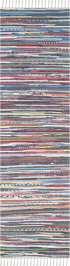 SAFAVIEH Rag Rug Collection Runner Rug - 2'3" x 12', Grey & Multi, Handmade Boho Stripe Cotton, Ideal for High Traffic Areas in Living Room, Bedroom (RAR121M)