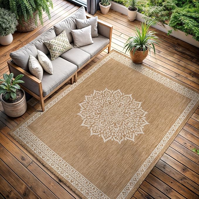 CAMILSON Outdoor Rug 10x14 Medallion Natural Modern Large Area Rugs for Indoor and Outdoor Patios Kitchen and Hallway Mats Washable Porch Deck Outside Carpet (Medallion Natural 10 x 14)