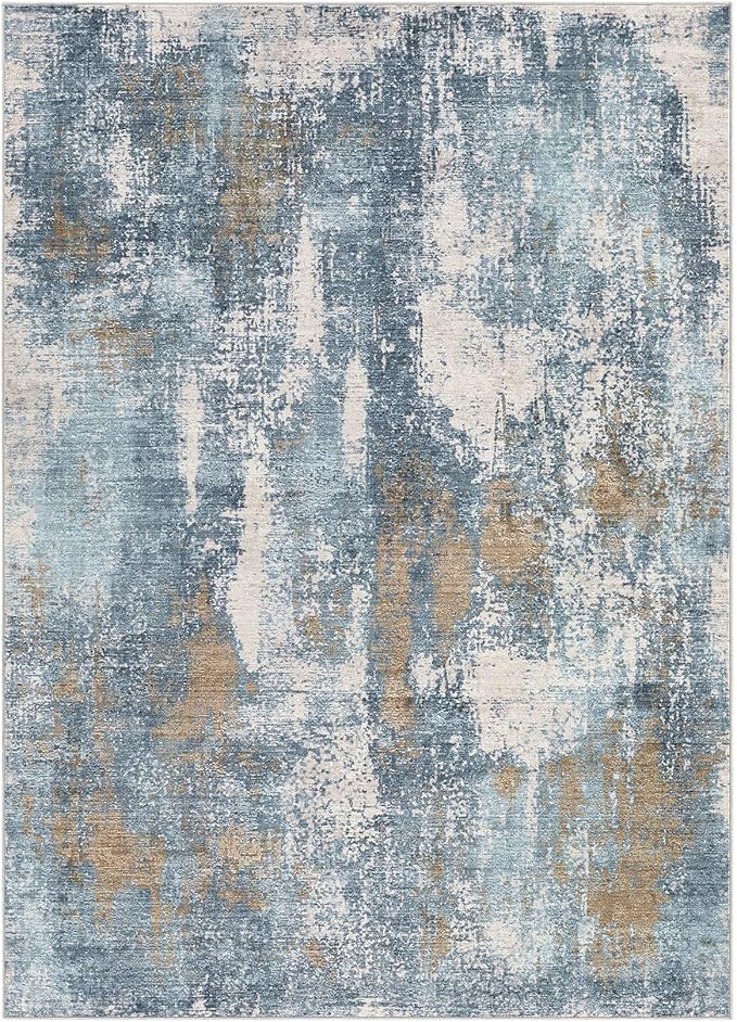 Area Rug Living Room Rugs - 5x7 Washable Soft Indoor Neutral Modern Abstract Low Pile Rug Carpet for Bedroom Dining Room Farmhouse Home Office - Blue Brown