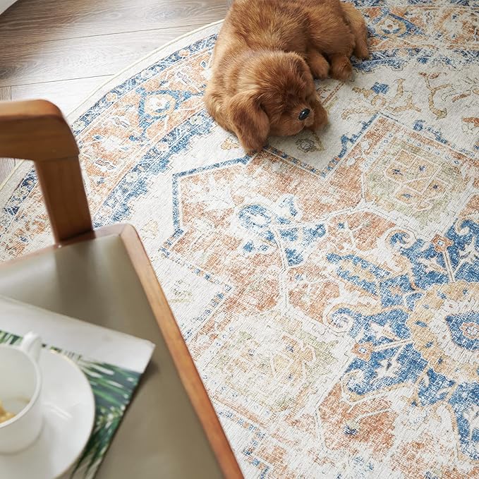 jinchan Kelda Round Rug 4ft Washable Area Rug Indoor Vintage Floor Cover Distressed Circle Mat 4' Round Lightweight Non Slip Low Pile Thin Carpet for Entryway Kitchen Living Room Bedroom Orange