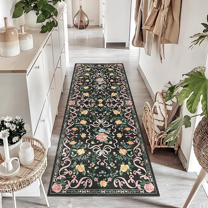 Washable Non-Slip Runner Rugs 2X6, Black Rug Boho Farmhouse Bow Floral Area Rug for Hallway Kitchen Bedroom Beside Laundry Room Bathroom Rug, Low Pile Stain Resistant Soft Floor Carpet