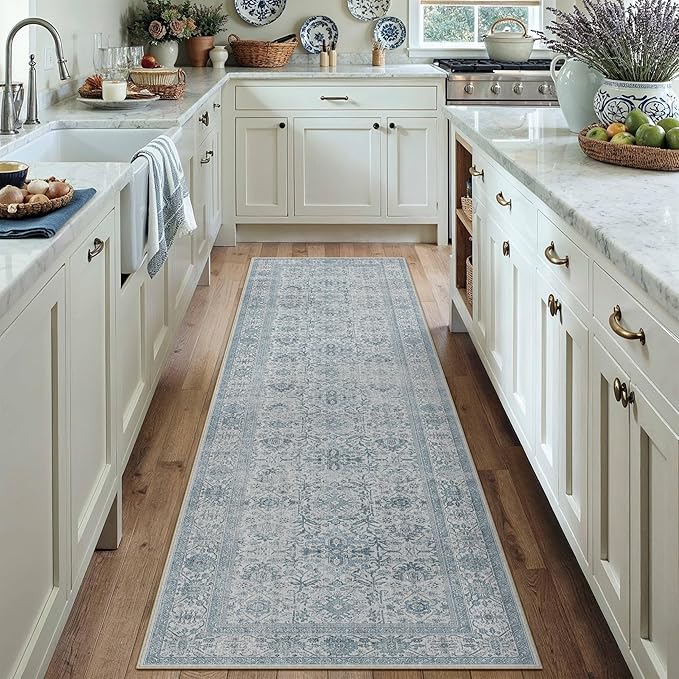 Blue Runner Rug 2x8 Hallway Washable Carpet Soft Vintage Indoor Kitchen Non Slip Bedroom Traditional Retro Distressed Thicker Throw Long Rug Bathroom Laundry Entryway Office Dining Room