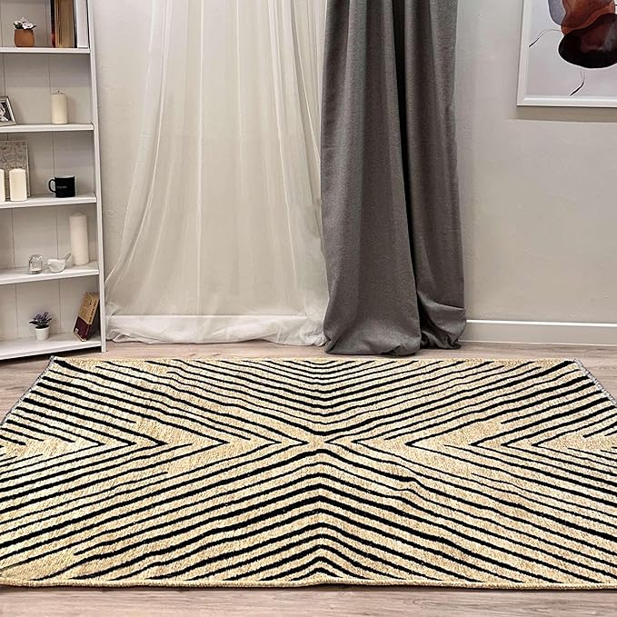 Alfa Rich 4x6 Geometric Beige Black Washable Area Rugs for Living Room Bedroom Kitchen Cotton Rug