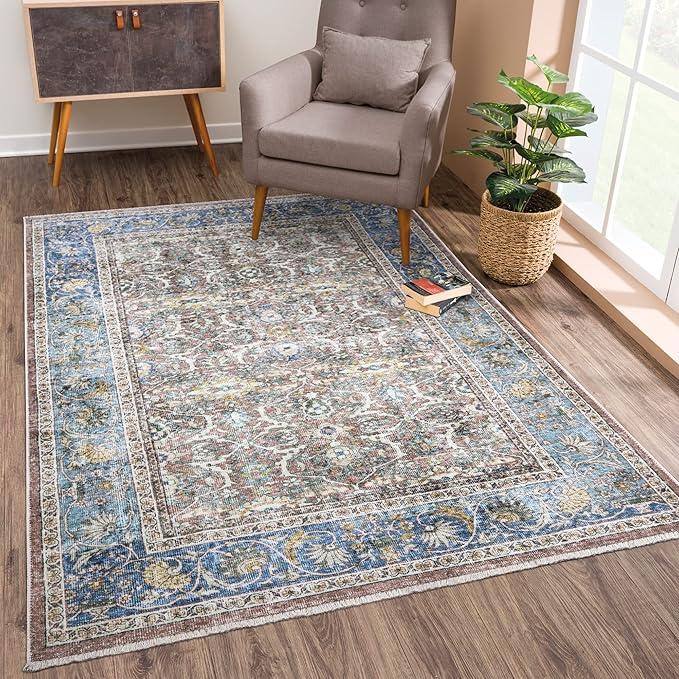 Bloom Rugs Caria Washable Non-Slip 9x12 Rug - Blue/Red Brown Traditional Area Rug for Living Room, Bedroom, Dining Room, and Kitchen - Exact Size: 9' x 12'