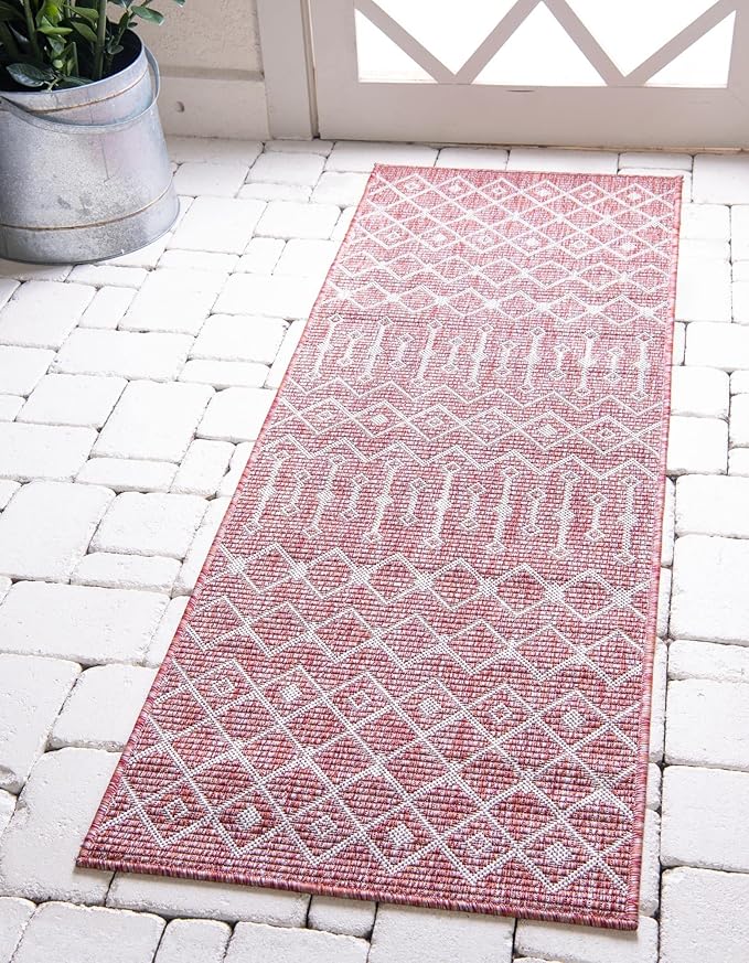 Unique Loom Outdoor Trellis Collection Area Rug - Tribal Trellis (2' x 8' Runner, Rust Red/ Ivory)
