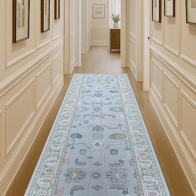 Fame Living Faded Oushak Rug, Turkish Vintage Floral Pastel Large Oversized Area Rugs for Living Room Dining Bedroom Kitchen Bathroom Nursery (854CrBl, 2'5" x 6'6")