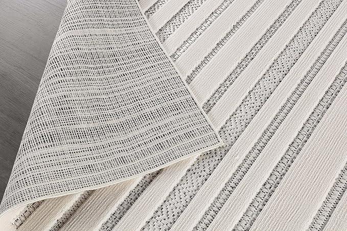 CAMILSON Modern Rug 8x10 Luxury Striped Line Micro Loop Area Rugs Soft High-Low Pile Stain Resistant Easy to Clean Non-Shedding Durable Living Room Kitchen Indoor Carpet (White)