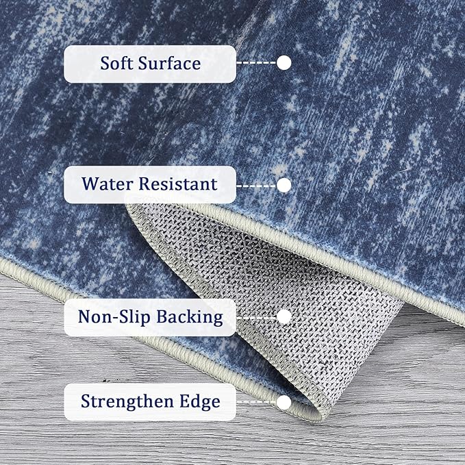 RUGSREAL Washable Area Rug for Bedroom 5x7 Contemporary Dining Room Throw Rug Low-Pile Solid Modern Rug Non-Slip Stain Resistant Home Office Solid Rug for Living Room Bedroom Kids Room, 5' x 7' Blue