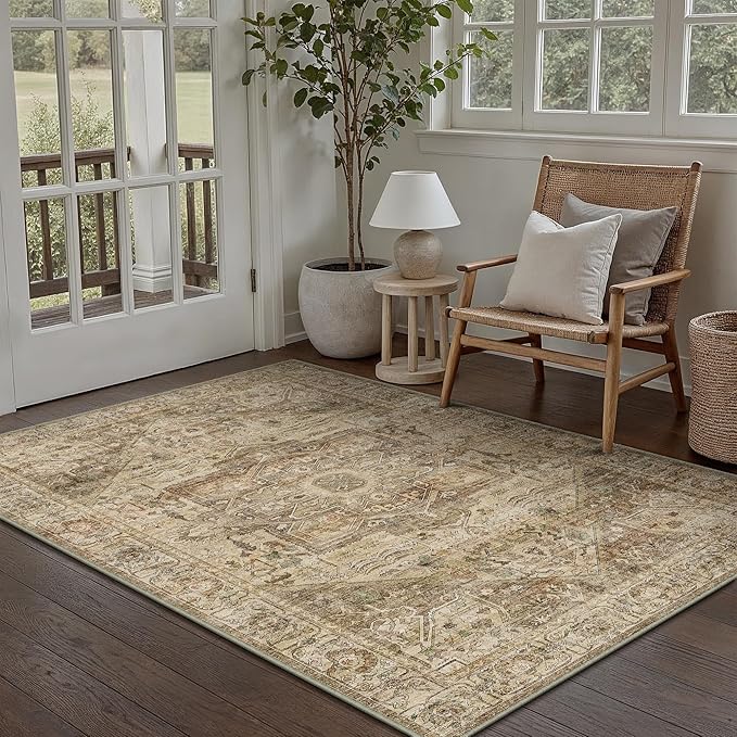 Brown Multi Area Rug 5x7 Vintage Washable Distressed Living Room Carpet Large Indoor Non Slip Traditional Medallion Retro Low Pile Accent Throw Rug Bedroom Kitchen Office Dining Room