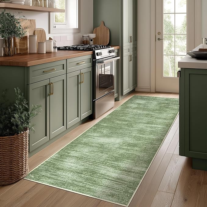 Olive Green Rug Runners for Hallways Non Slip Washable Neutral Abstract Minimalist Low Pile Floor Protector Carpet Hunter Green 3x8 Runner Rug for Laundry Room Kitchen