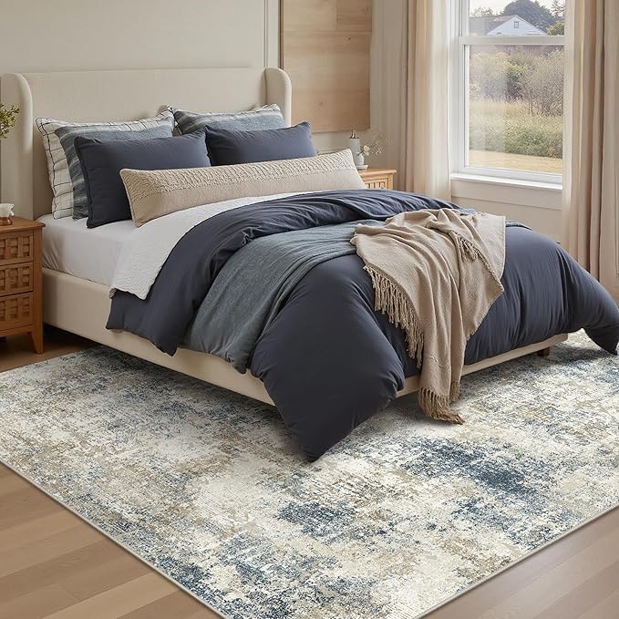 Bavni 6x9 Area Rugs Machine Washable Rug for Living Room, Modern Printed Rug Indoor Soft Area Rug for Bedroom Dining Room, Ultra-Thin Low Pile Carpet with Non Slip Rubber Backing, Gray Beige Blue