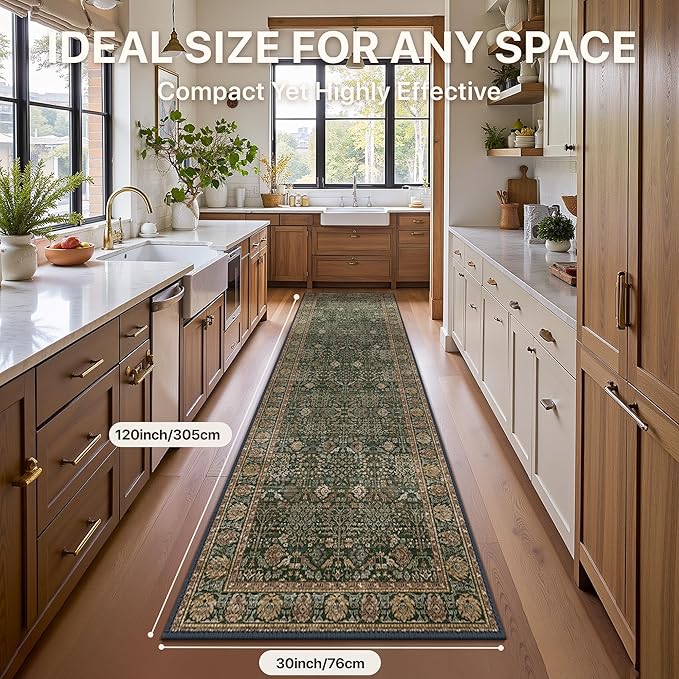 Bavni Washable Rug Runners for Hallways-Vintage Runner Rug 2'6''x10 Low Pile Floral Rugs, Non-Slip Indoor Throw Carpet for Living Room Bedroom Kitchen, Dark Green/Multi