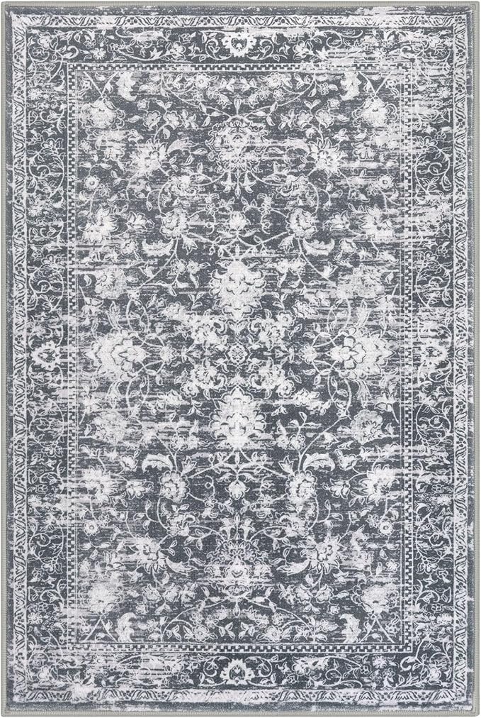 KILOCOCO Area Rug 3x5 Entryway Rug Washable Printed Vintage Floral Rubber Backed Non Slip Indoor Kitchen Rugs for Living Room Laundry Room Playroom Mudroom Moroccan Area Rugs, Grey