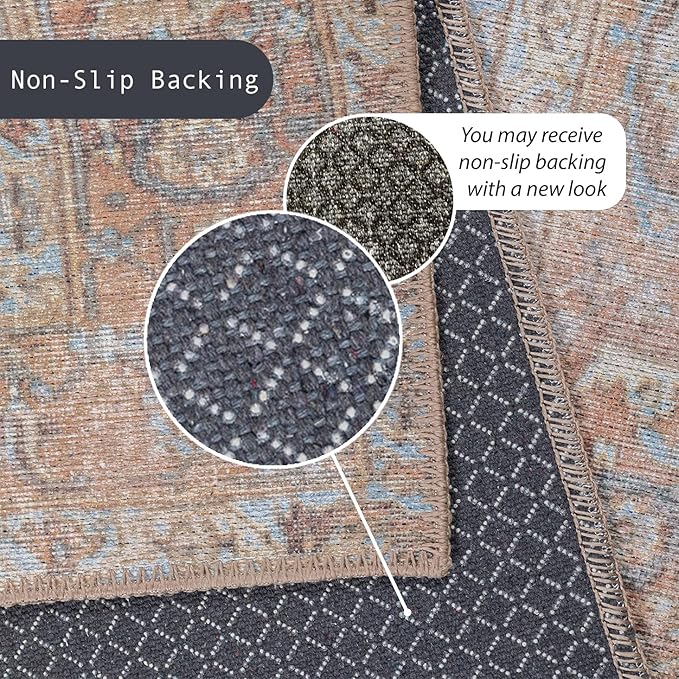 GLN Rugs Traditional Collection - Machine Washable Area Rug, Traditional Washable, Non Slip, Low Pile Chenille Rug, Living Room, Bedroom, Kitchen Rug (2'6" x 7' Brown/Blue)
