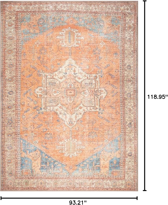 GLN Rugs Traditional Collection - Machine Washable Area Rug, Traditional Washable, Non Slip, Low Pile Chenille Rug, Living Room, Bedroom, Kitchen Rug (8' x 10' Terra/Multicolor)