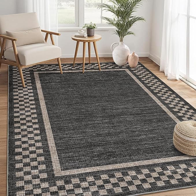 GarveeHome 4x6 Rug Small Washable Living Room Rug Modern Bordered Area Rugs with Rubber Backing Soft Non Slip Low Pile Dining Room Throw Carpet Checkered Geometric Mats for Bedroom Kitchen, Black