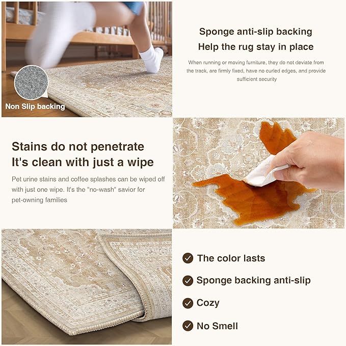 HUGEAR Entryway Machine Washable Area Rugs 2x3 Vintage Beige Brown Small Neutral Style Non Slip Stain Resistant Low Pile Throw Carpet for Hallway Kitchen Retro Aesthetic Modern Decor