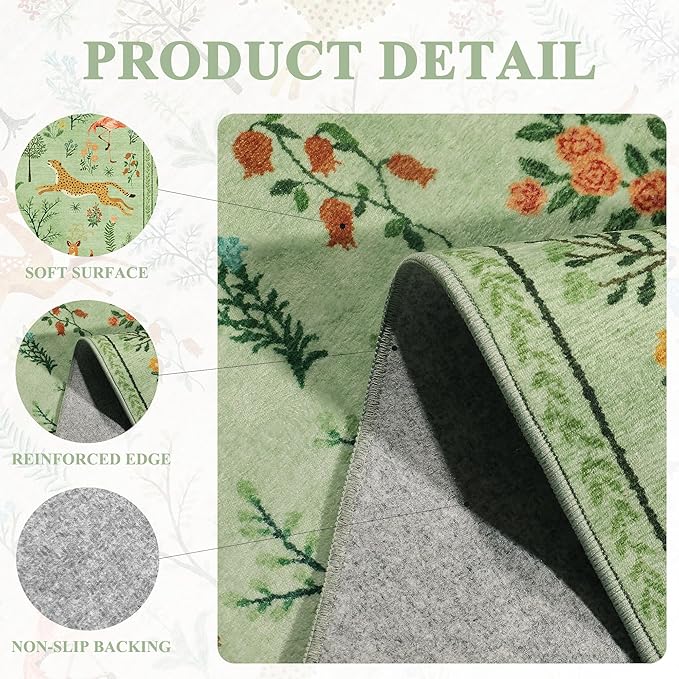 DUKINO 2x4 Rug for Hallway, Washable Kitchen Runner Rug with Non Slip Backing, Soft Low Pile Vintage Animal Runner for Bedroom, Kitchen, Hallway, Entryway, Laundry, Light Green