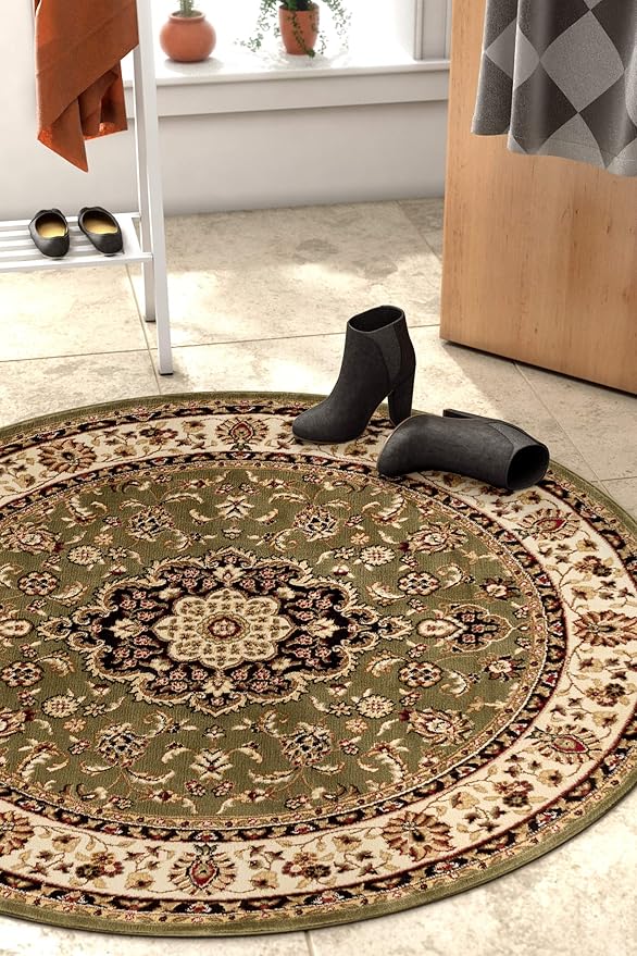 Well Woven Barclay Collection Medallion Kashan Green 5 ft Round Rug - for Living Room, Bedroom, and Dining Room