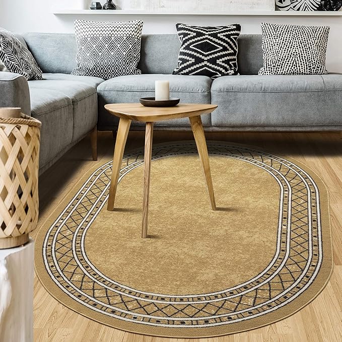 Antep Rugs Alfombras Modern Bordered 5x7 Non-Skid (Non-Slip) Low Profile Pile Rubber Backing Indoor Area Rugs (Brown, 5' x 7' Oval)