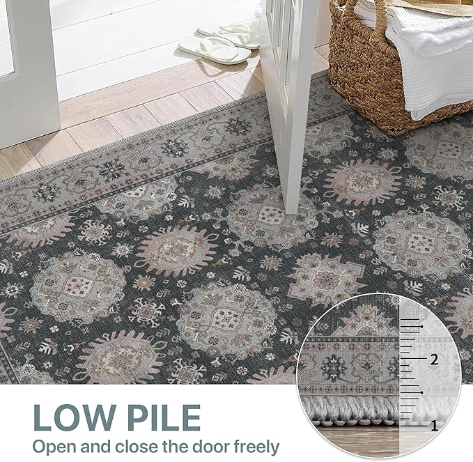 5x7 Area Rug Machine Washable Boho Rug for Living Room,Ultra-Thin Low Pile Carpet,Lightweight Indoor Printed Rug,Non Slip Floral Area Rug for Bedroom, Dining Room, Home Office,Black