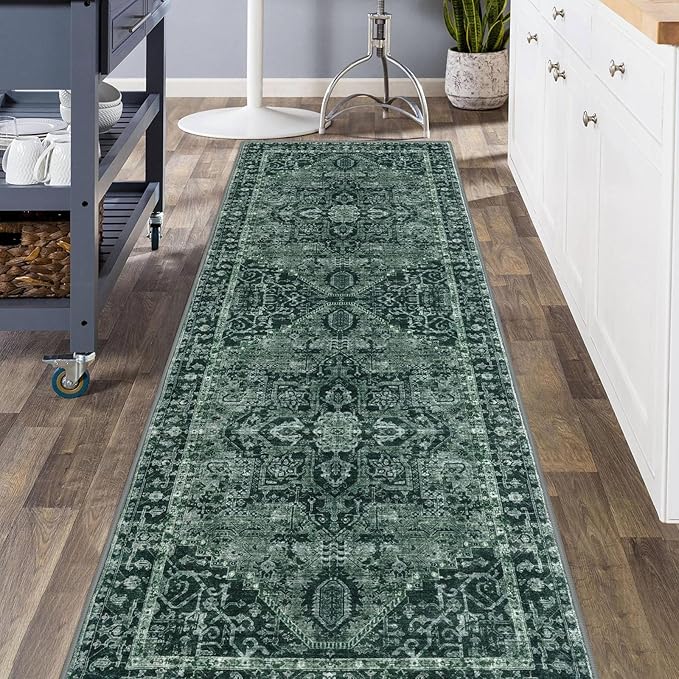 KOZYFLY Boho Runner Rug 3x8 Ft Washable Hallway Rug Faux Wool Printed Long Floor Carpet for Entryway Bedroom Kitchen Living Room Indoor Soft Durable Design, Dark Green