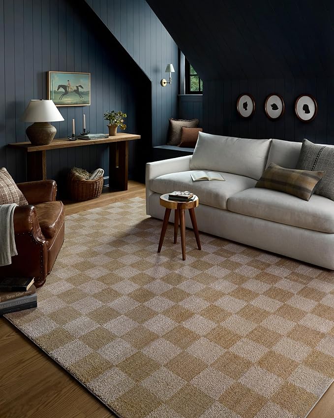 Loloi Chris Loves Julia Calvin Collection CLV-01 Wheat/Ivory 7'-10" x 7'-10" Round Area Rug Checkered Neutral Soft Living Room Bedroom Carpet