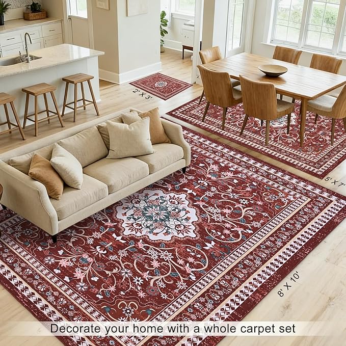 2' x 3' Red Washable Area Rugs, Non-Slip Entryway Rug, Boho Low Pile Door Mat Indoor Entrance, Floral Medallion Pattern Vintage Rugs for Kitchen Bedroom Bathroom Laundry Living Room Farmhouse