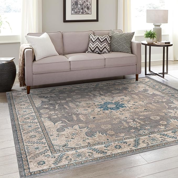 Unique Loom Salzburg Collection Classic Traditional Design Oriental Inspired Border Area Rug (5' 0 x 5' 0 Square, Gray/Beige)