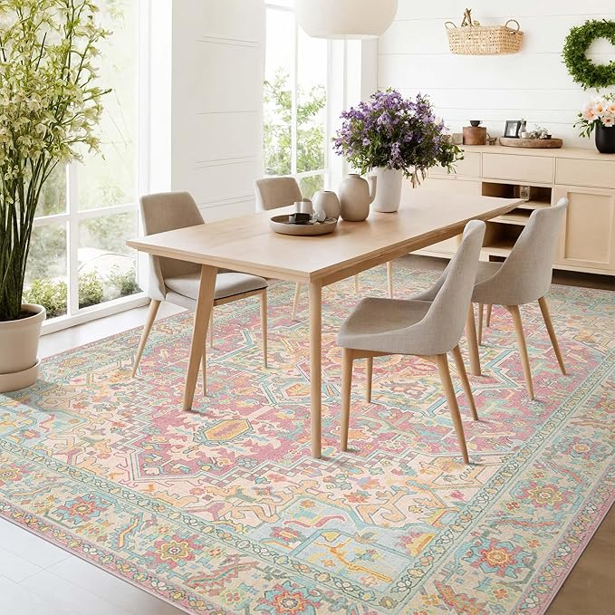 Kokia 8x10 Washable Area Rugs Blossom Pink with Vintage Orient Design Soft Rug for Living Room or Bedroom Non-Slip Low Pile Stain Resistance Features Distressed Medallion Pattern