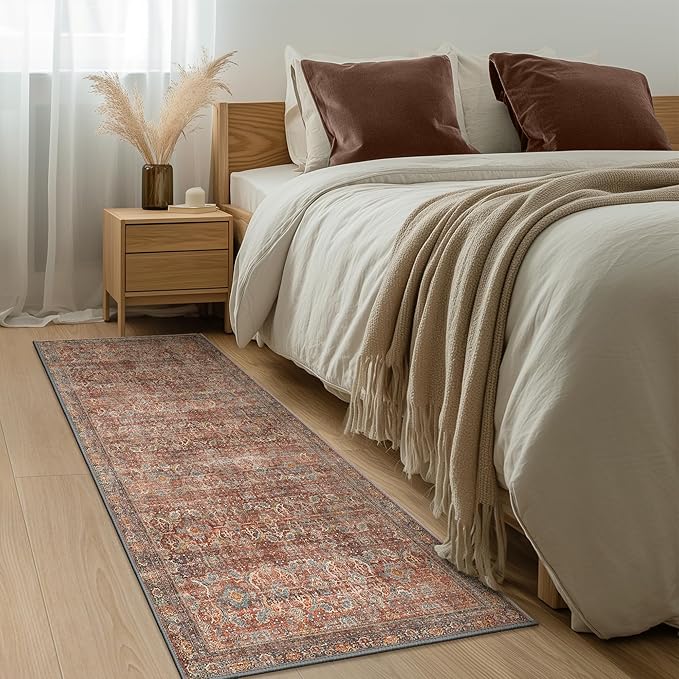 Bavni 2x5 Runners Machine Washable Boho Rug Runners for Hallway,Ultra-Thin Low Pile Rug,Lightweight Carpet,Non Slip Floral Runners for Enrtyway, Corridor, Home Office, Kitchen,Terracotta/Indigo