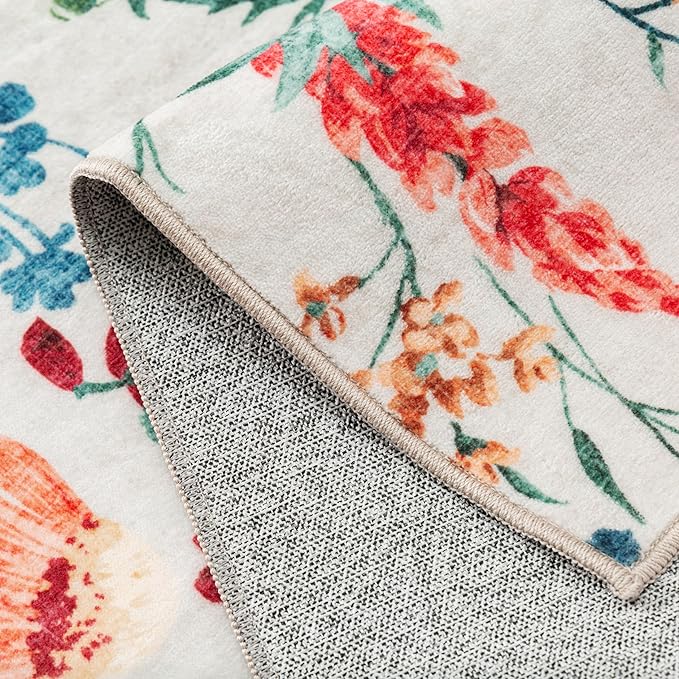 Floral Runner Rug 3x10 Washable Hallway Long Beige Bedroom Carpet Non Slip Indoor Boho Kitchen Low Pile Accent Rug Lightweight Soft for Bathroom Dining Laundry Living Room