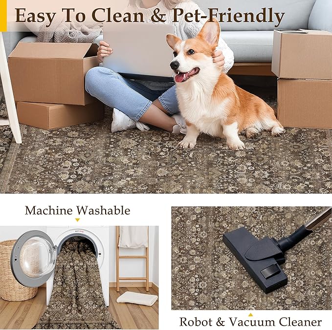 HUGEAR 4x6 Machine Washable Rugs Brown Hallway Area Rug Indoor Accent Rug Floral Low Pile Carpet Soft Throw Rug Bedroom Living Room Office Dining Room Kitchen Laundry Room Non Slip