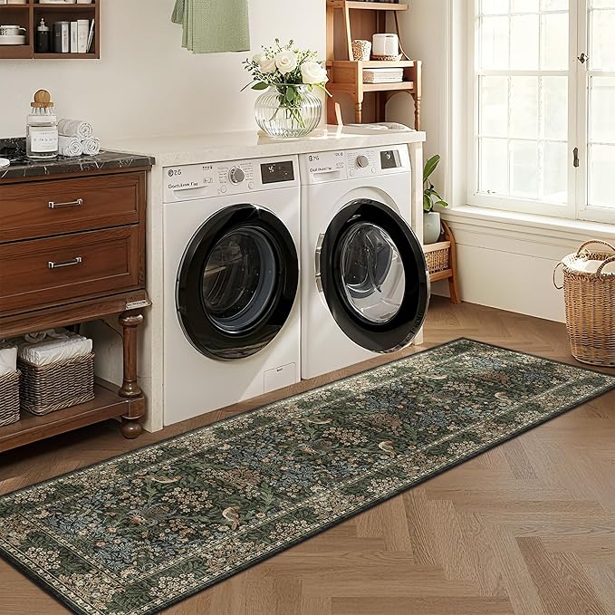 2.6x8 Floral Washable Area Rug Soft Runner Rugs for Kitchen, Vintage Boho Hallway Rug for Bedroom Dining Room, Botanical Birds Non Slip Low Pile Throw Carpet, Retro Gold/Green