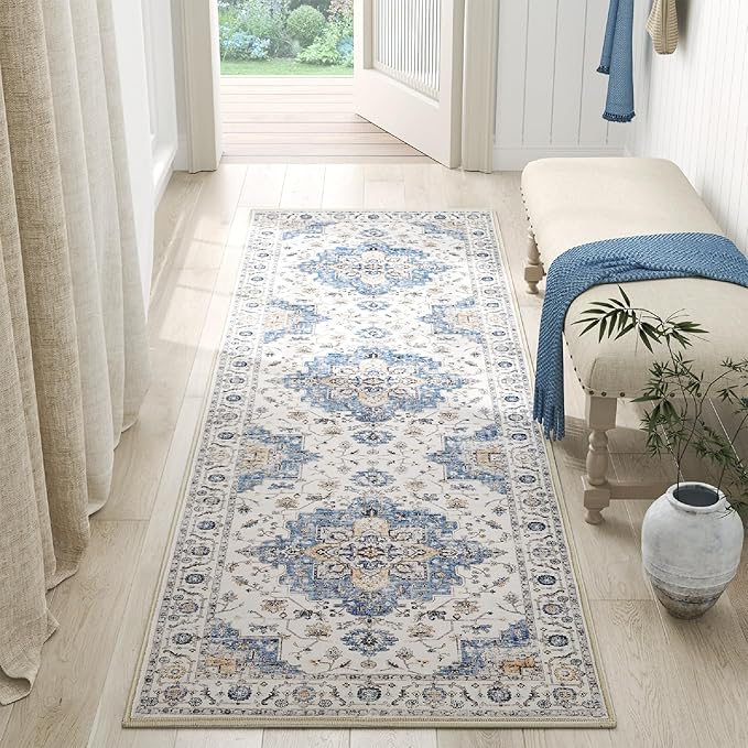 jinchan Runner Rug 2x5 Vintage Hallway Rug Boho Washable Runner Floral Medallion Retro Lightweight Non Slip Classic Thin Soft Carpet for Kitchen Bedroom Bathroom Laundry Room Doorway Blue